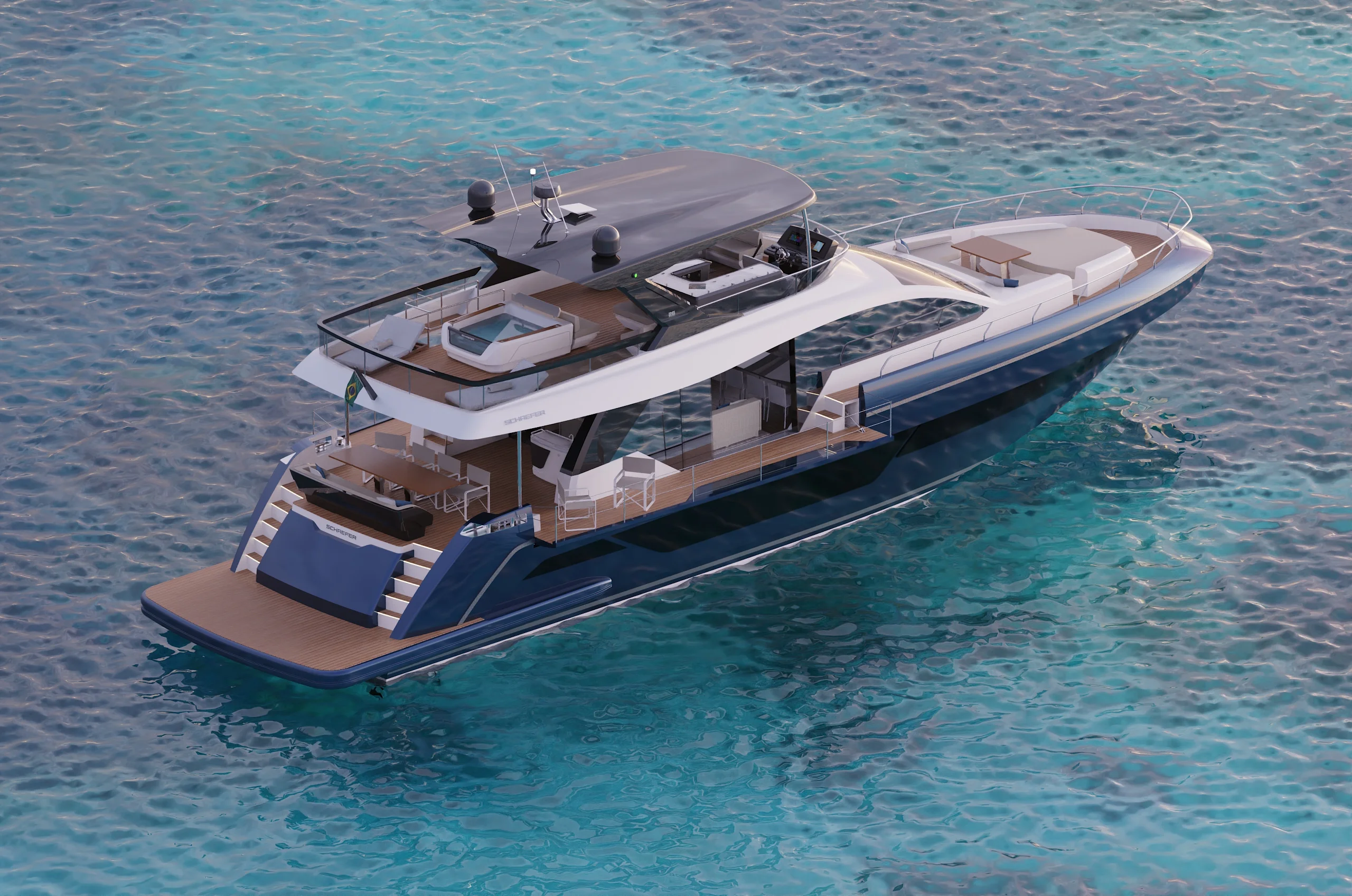 Rendering of the Schaefer 26M at anchor, stern quarter view
