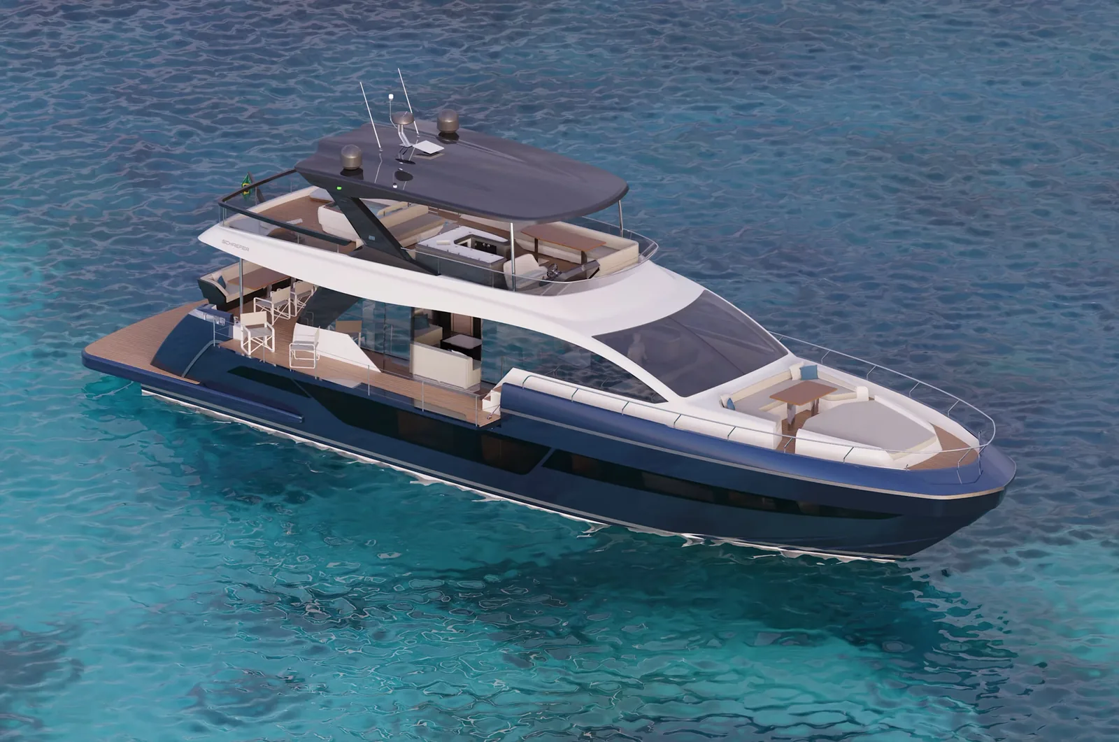 Rendering of the Schaefer 26M at anchor over clear water