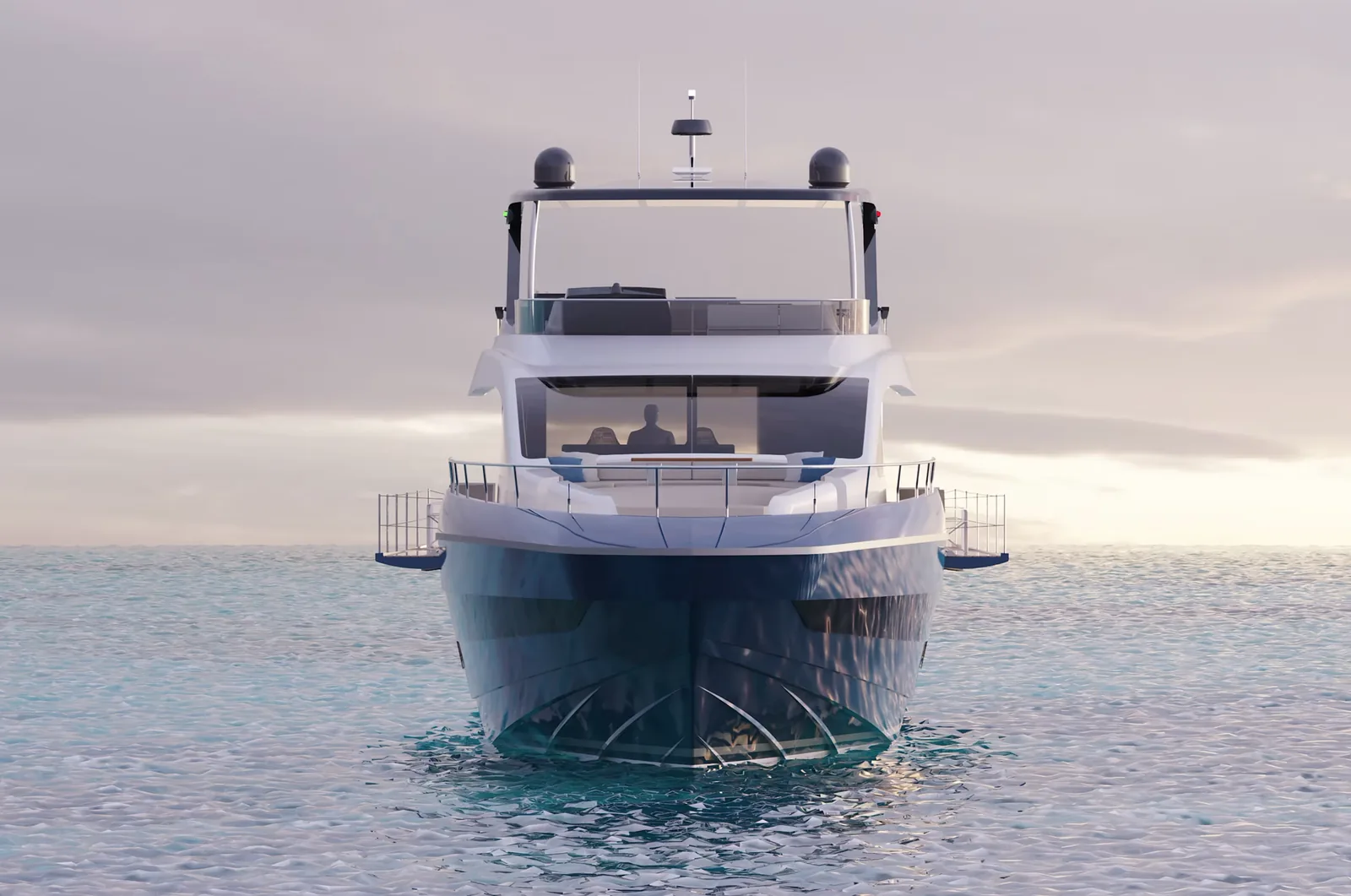 Rendering of the Schaefer 26M bow-on at sunset