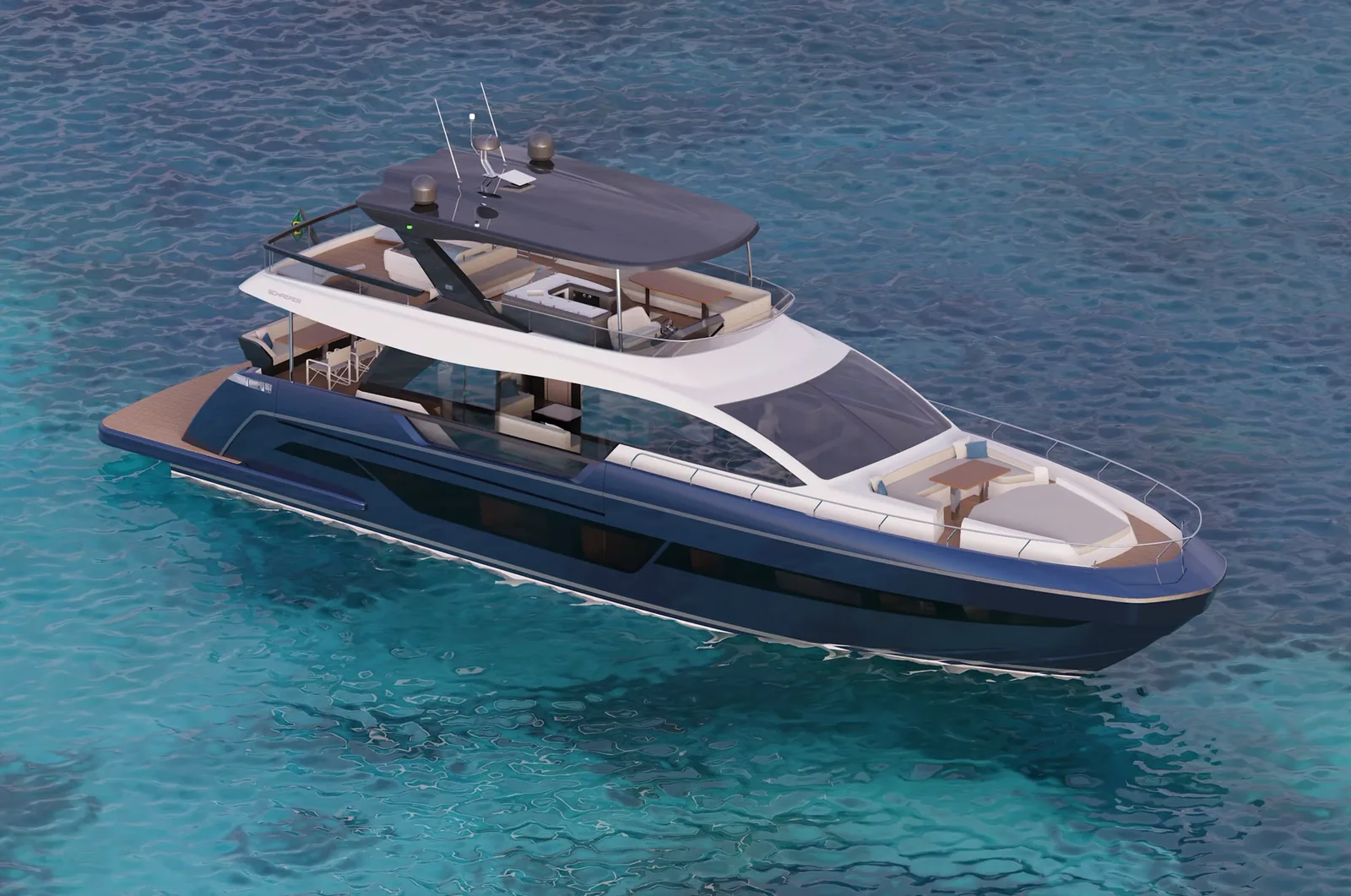 Rendering of the Schaefer 26M at anchor, bow quarter view