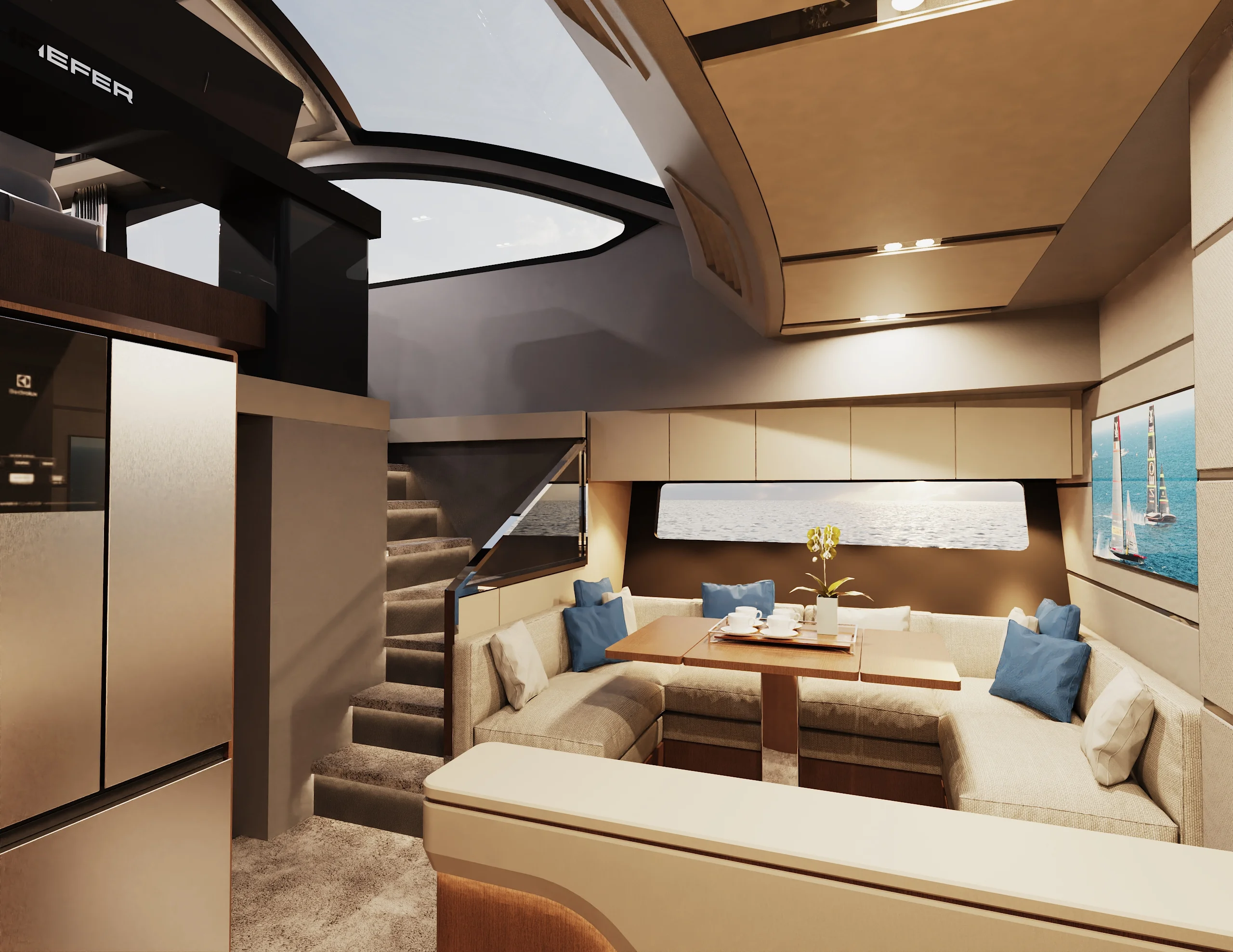 Rendering of the lower saloon and stairway on the Schaefer 26M