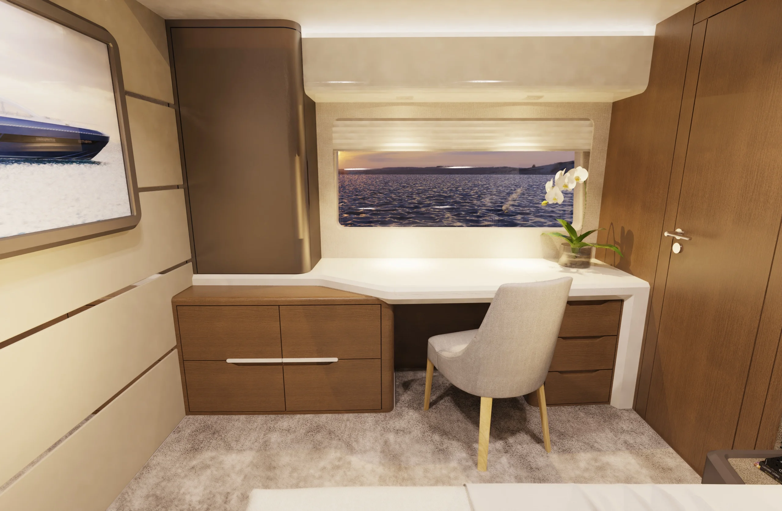 Rendering of the desk in the master cabin of the Schaefer 26M