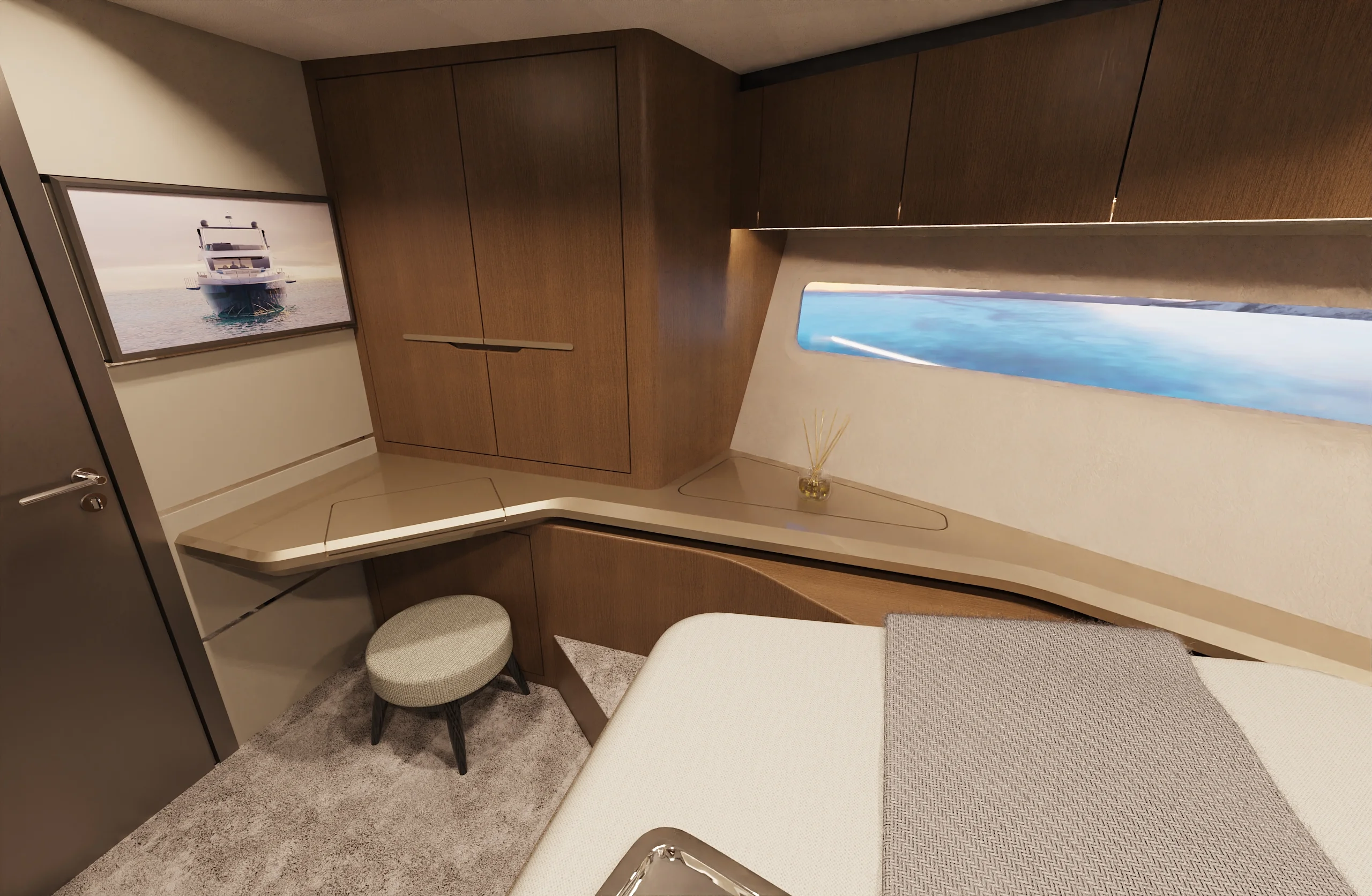 Rendering of a guest cabin with dressing table on the Schaefer 26M