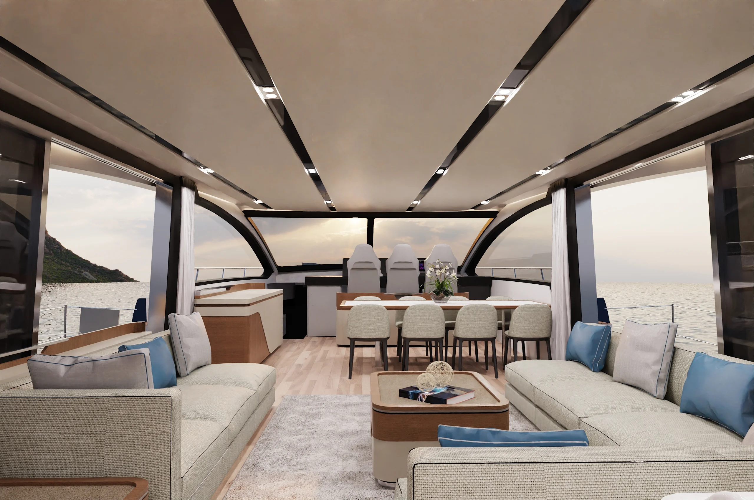 Rendering of the main saloon of the Schaefer 26M looking aft