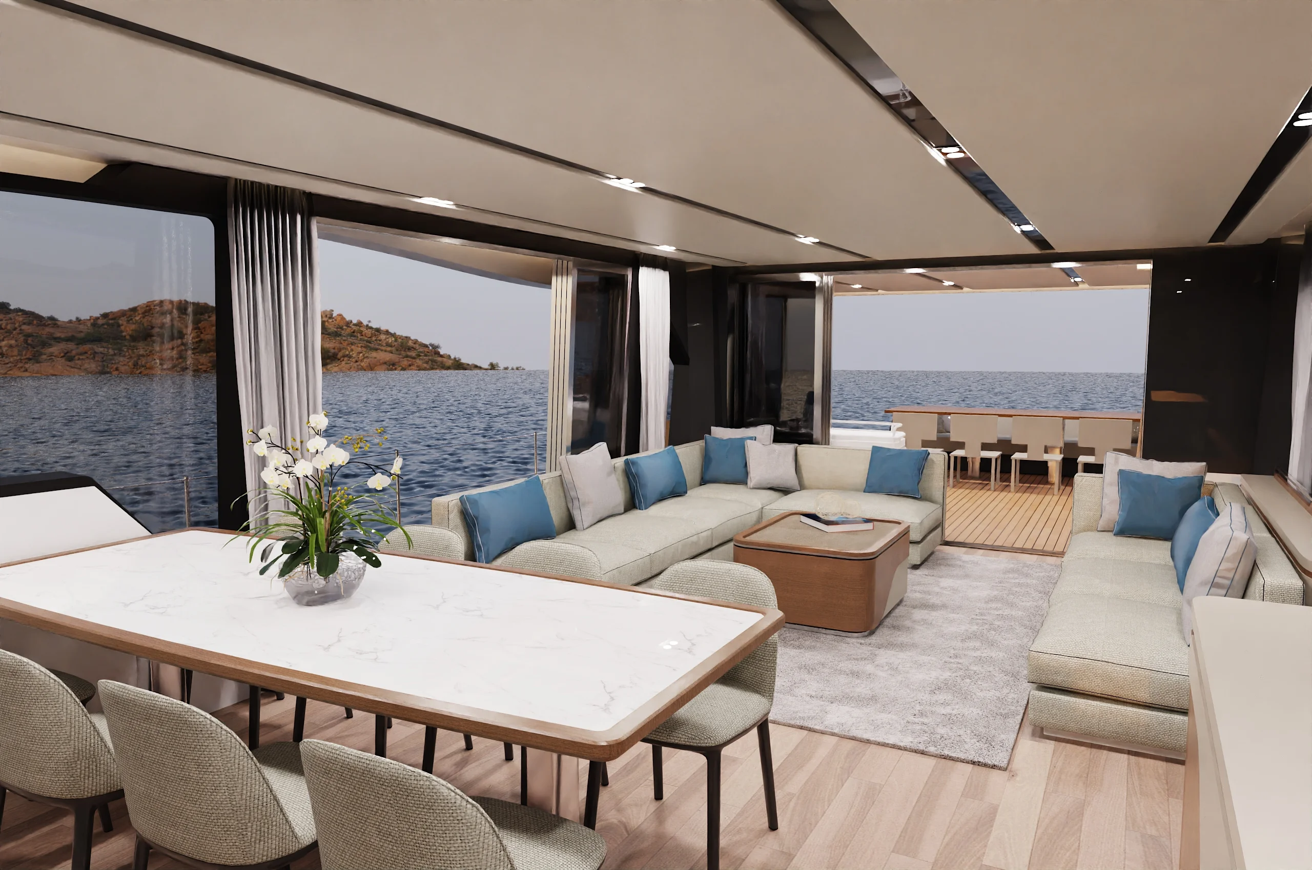 Rendering of the saloon dining area on the Schaefer 26M