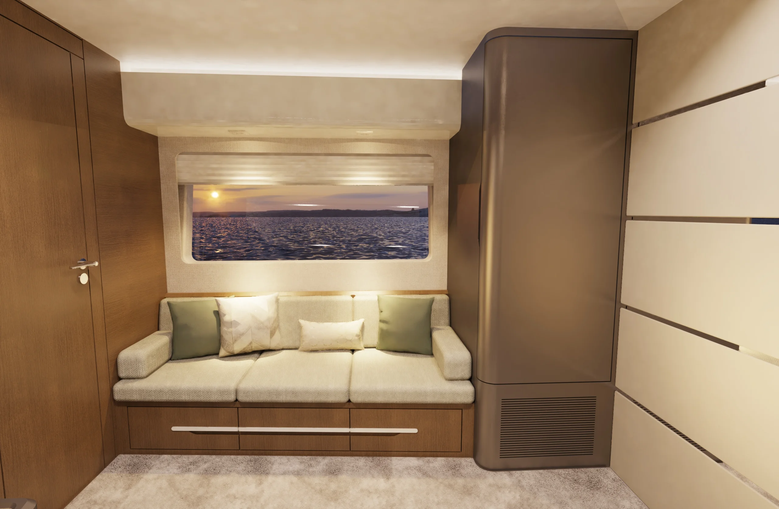 Rendering of a guest cabin with sofa on the Schaefer 26M