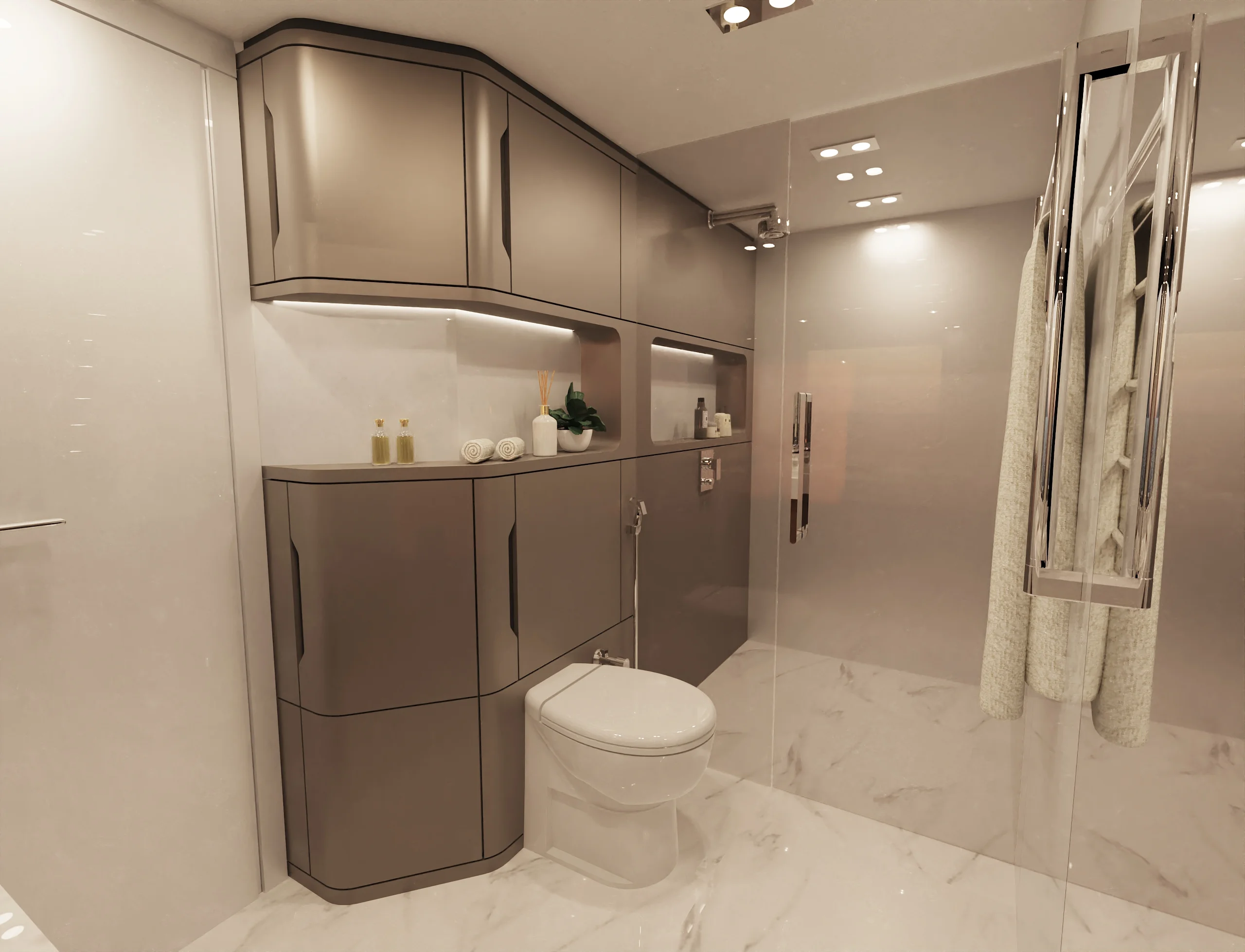 Rendering of a guest bathroom on the Schaefer 26M
