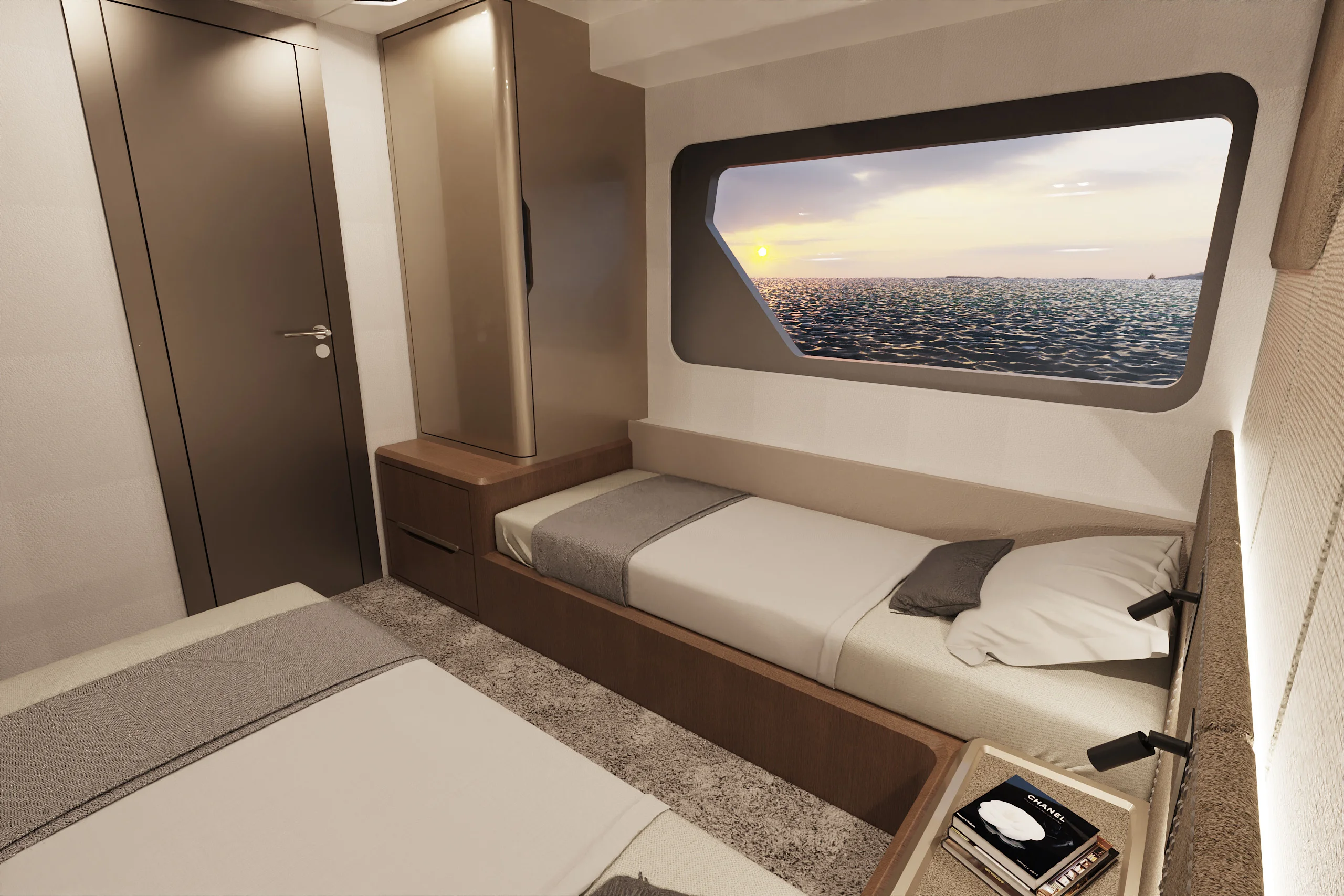 Rendering of a twin guest cabin on the Schaefer 26M