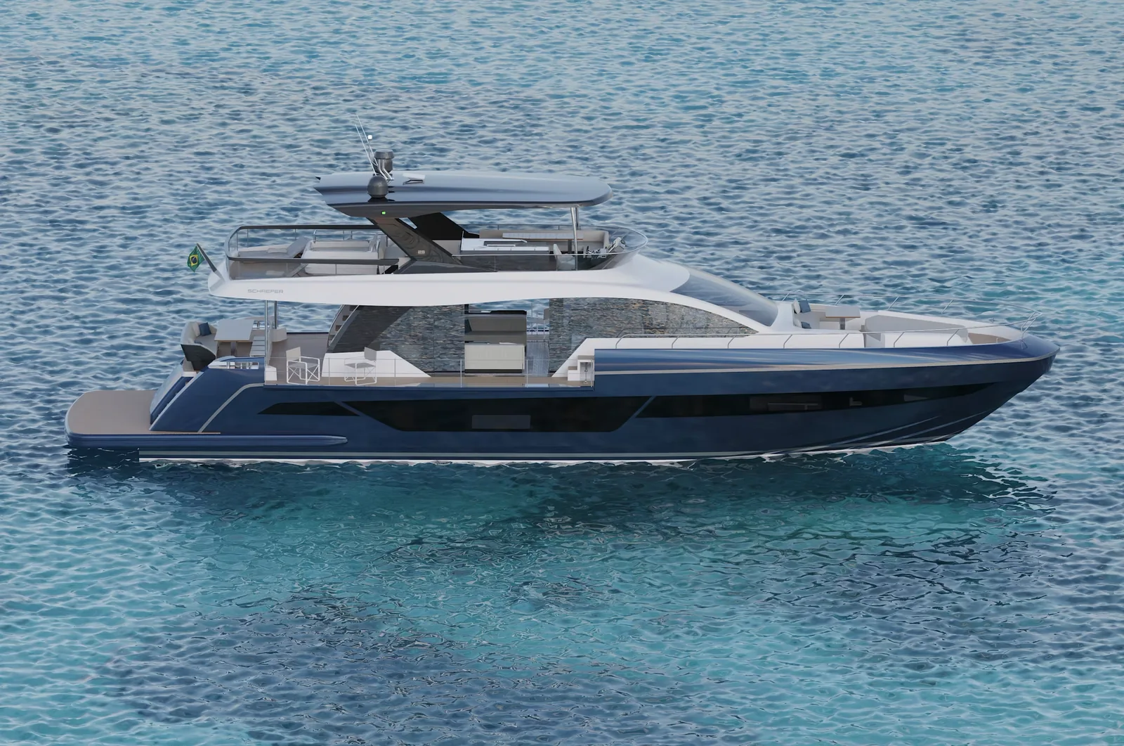 Rendering of the Schaefer 26M at anchor, bow quarter view