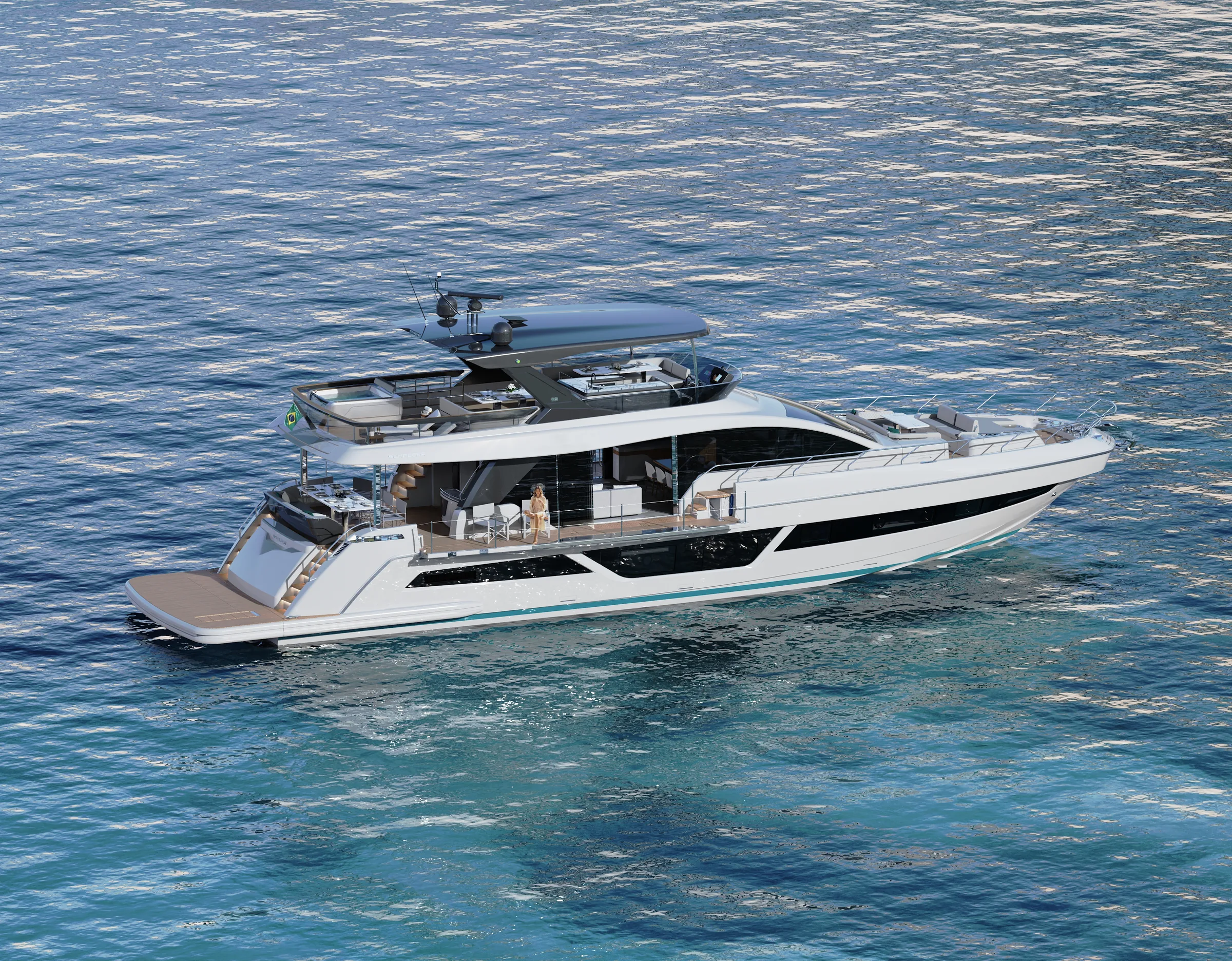 Aerial rendering of the white-hulled Schaefer 26M at anchor, stern quarter view