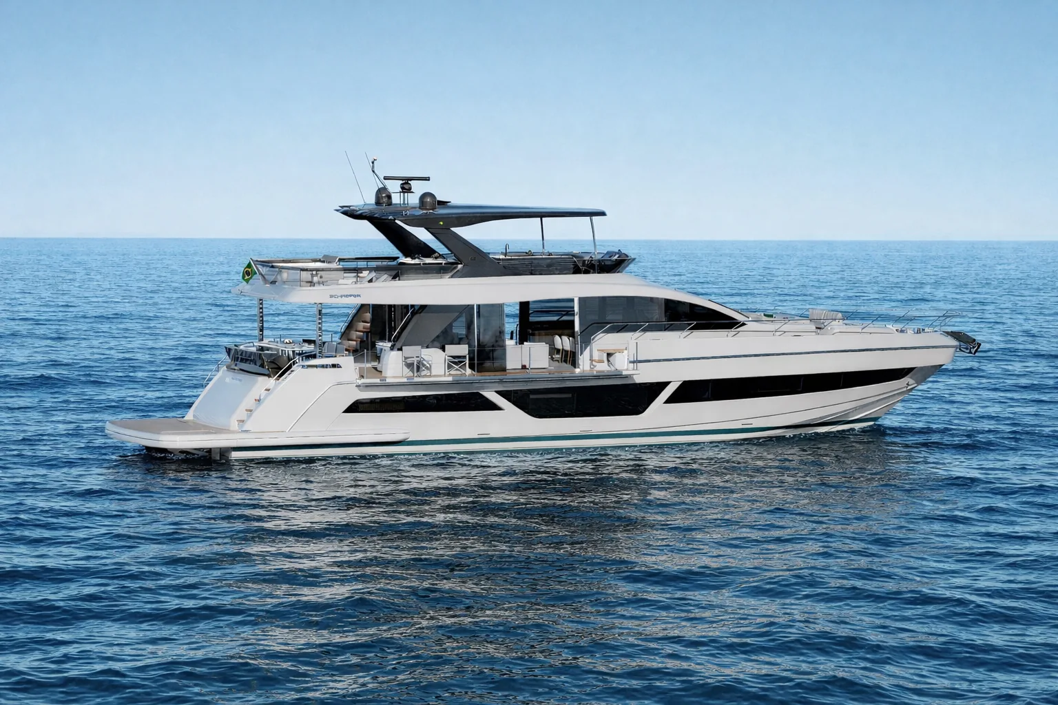 Rendering of the white-hulled Schaefer 26M at anchor, side profile