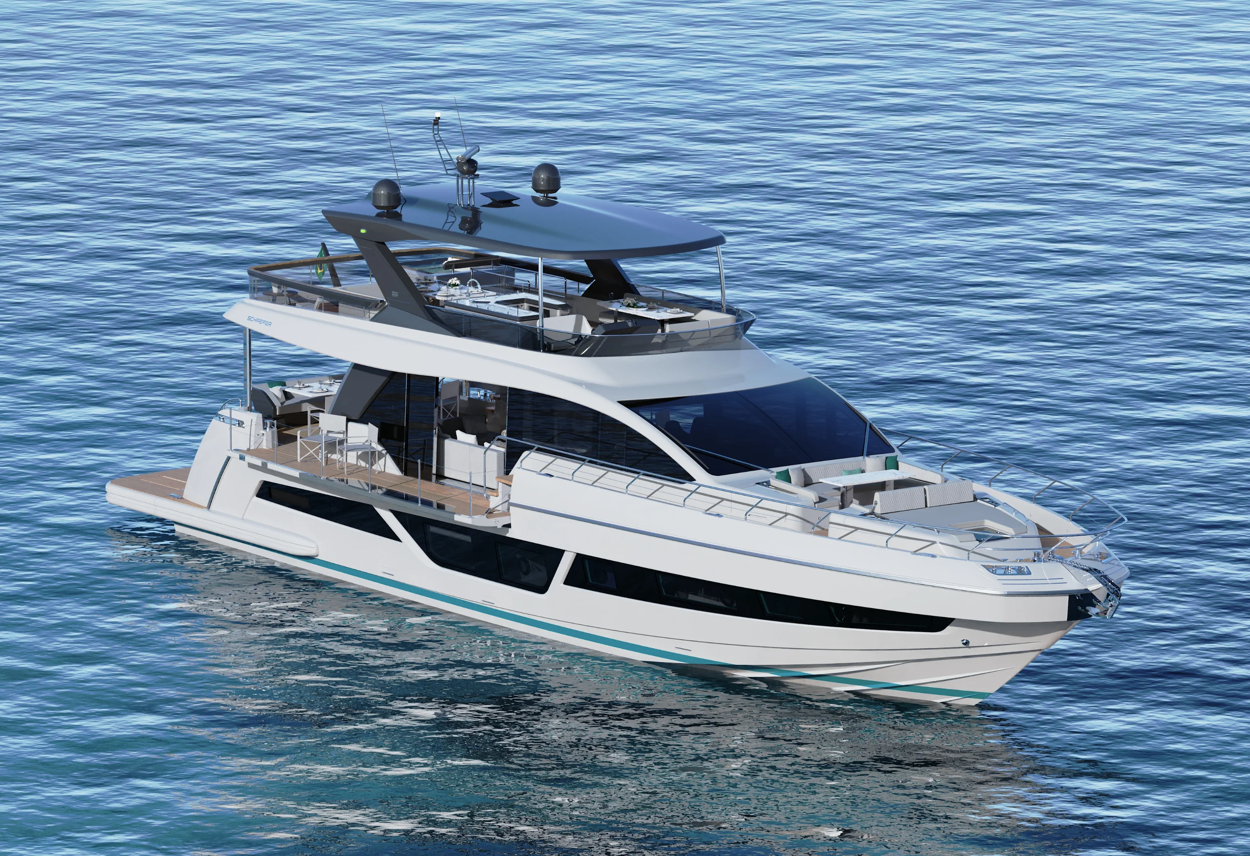 Rendering of the white-hulled Schaefer 26M at anchor, close stern quarter view