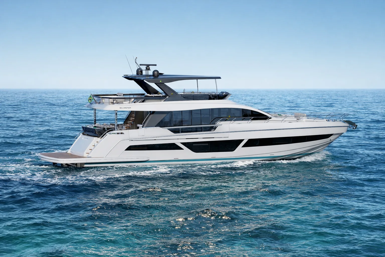 Rendering of the white-hulled Schaefer 26M under way, bow quarter view