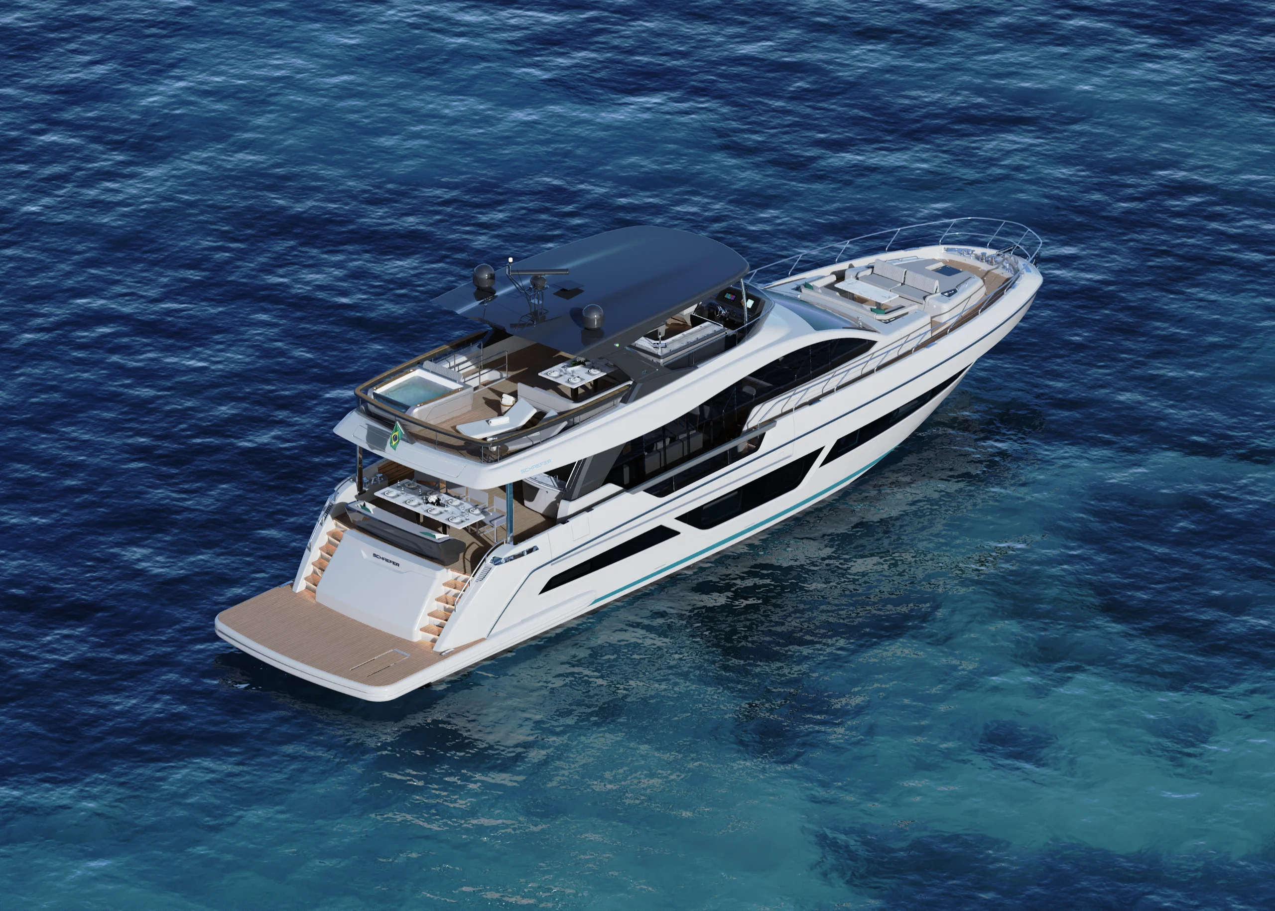 Aerial rendering of the white-hulled Schaefer 26M at anchor over a reef, bow quarter view