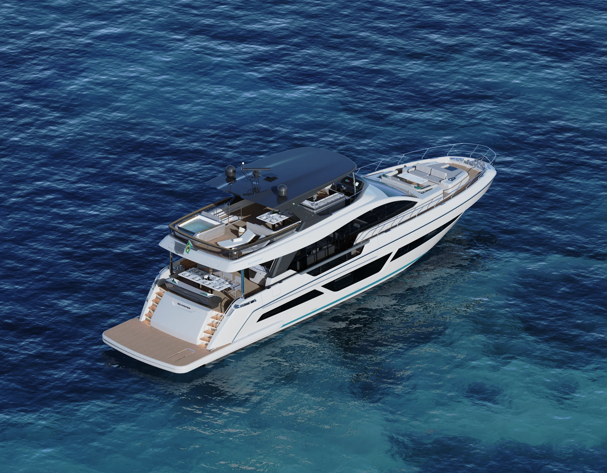 Aerial rendering of the white-hulled Schaefer 26M at anchor, from astern