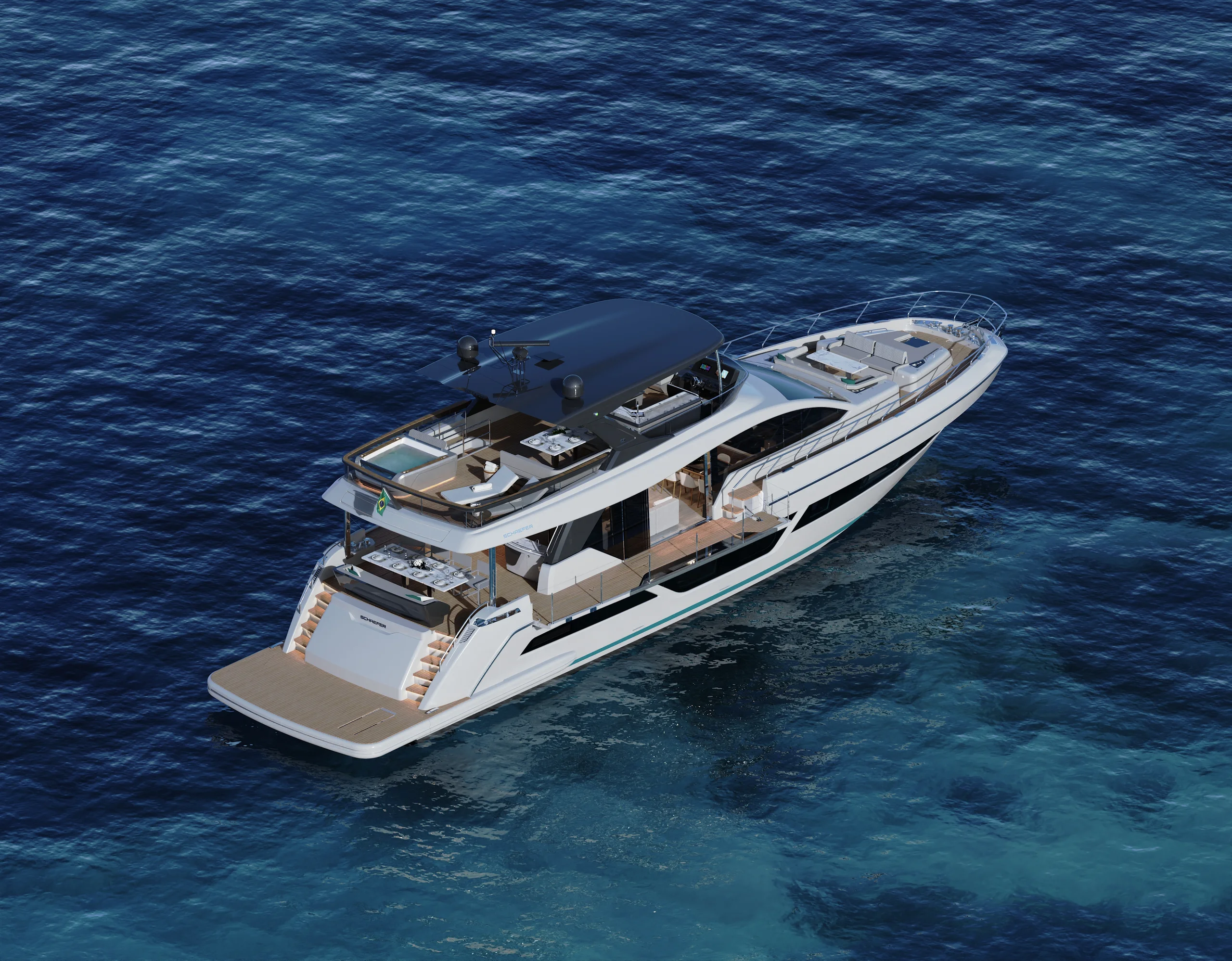 Aerial rendering of the white-hulled Schaefer 26M at anchor over clear water