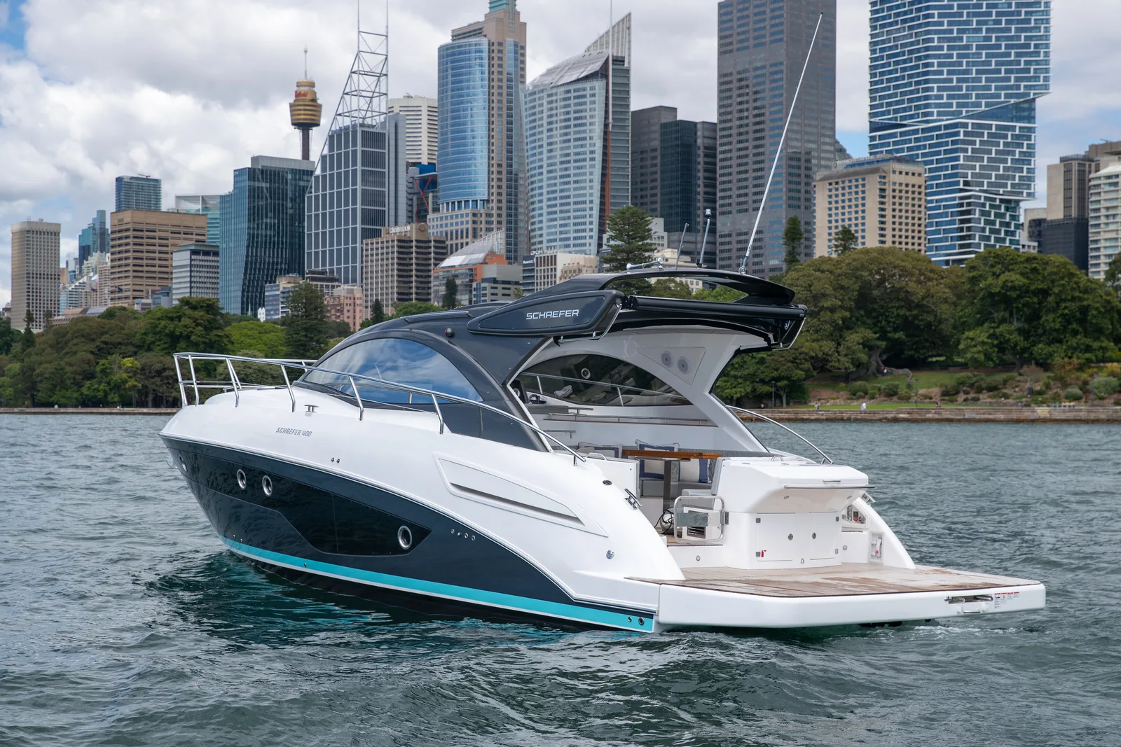 Schaefer 400 on Sydney Harbour with the city skyline behind