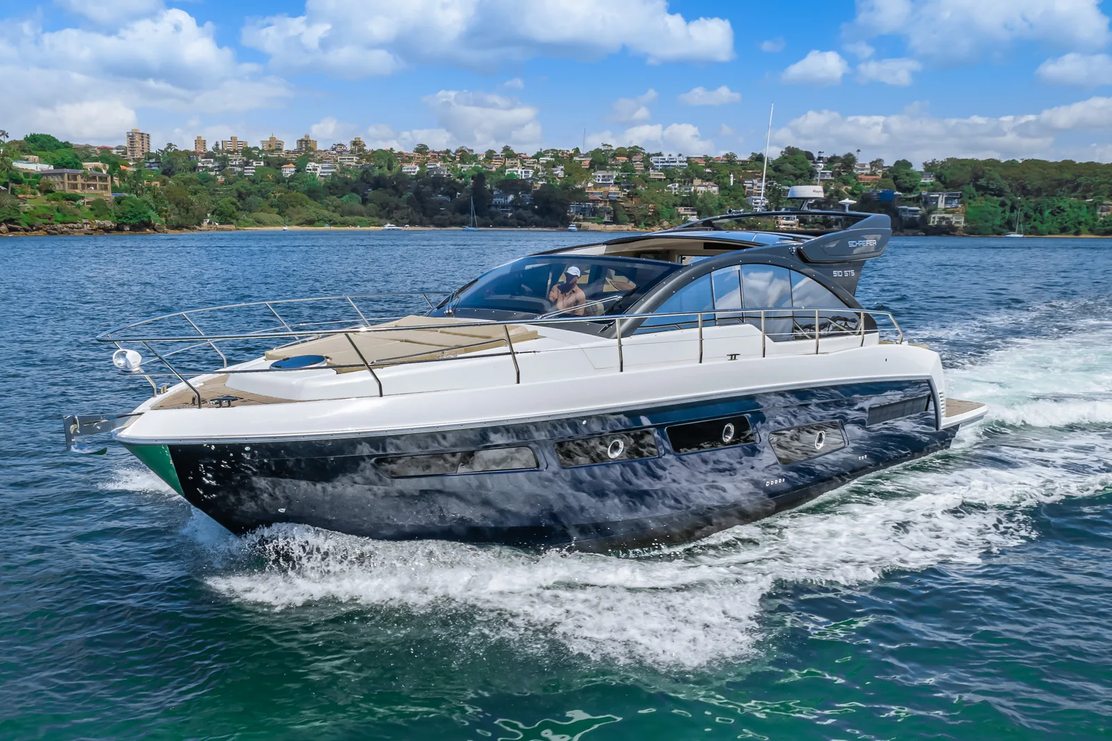 Schaefer 510 GTS at speed, bow quarter view