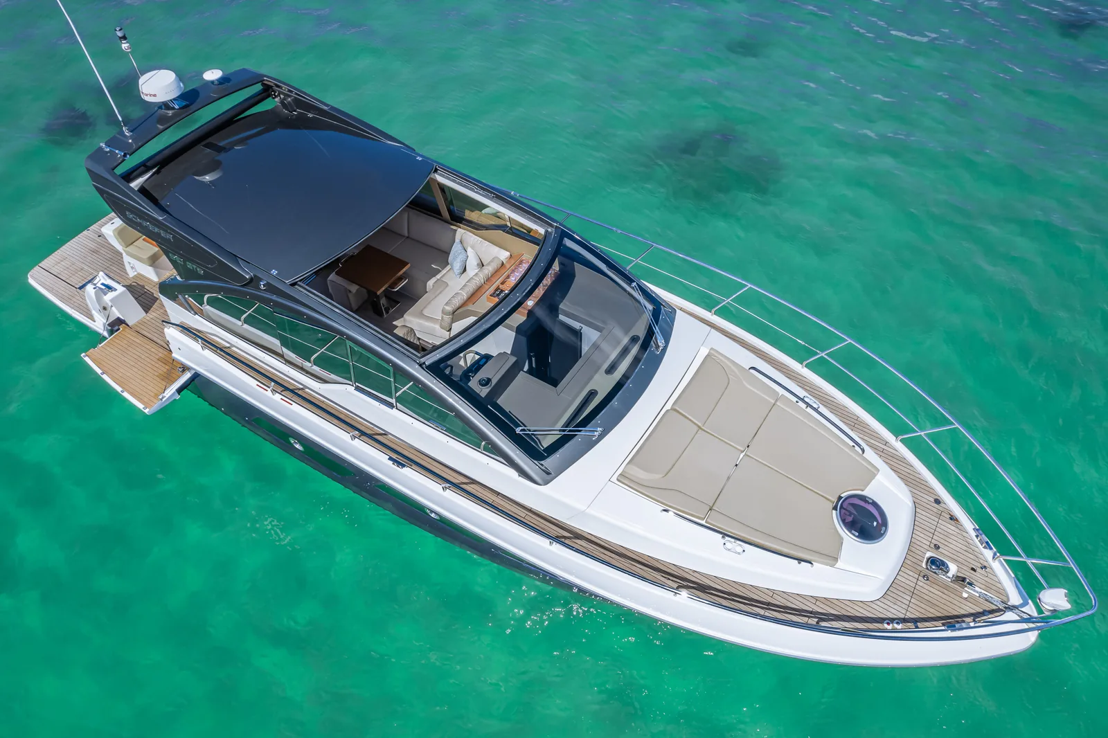 Aerial view of the Schaefer 510 GTS with the balcony folded down