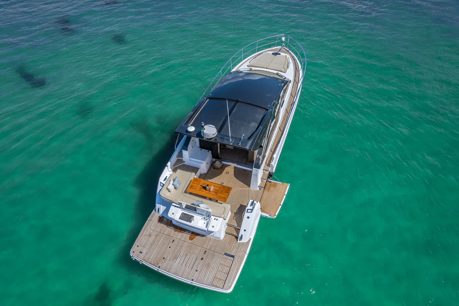 Aerial view of the Schaefer 510 GTS at anchor