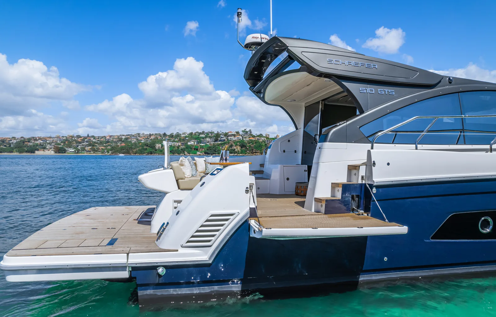 Transom and fold-down balcony of the Schaefer 510 GTS