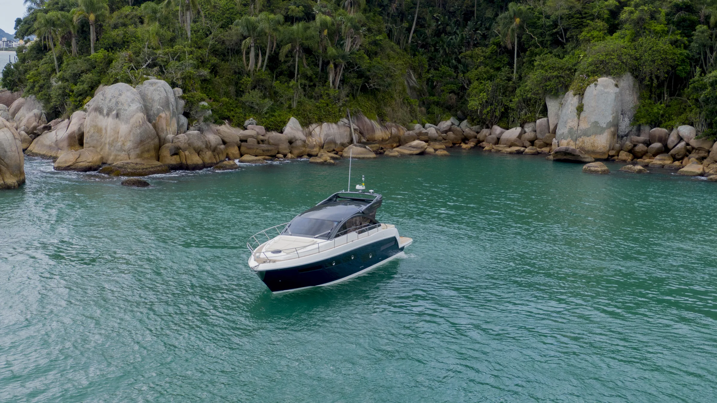 Schaefer 510 GTS at anchor in a sheltered island cove