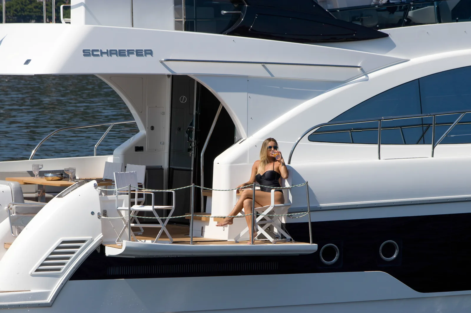 Guest on the flybridge of the Schaefer 600