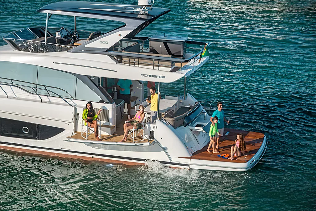 Aerial view of the Schaefer 600 at anchor with the balcony open