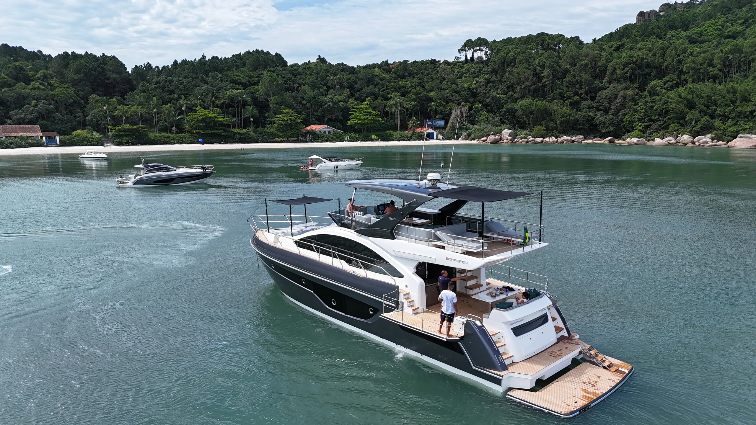 Schaefer 660 at anchor with the swim platform and balconies open