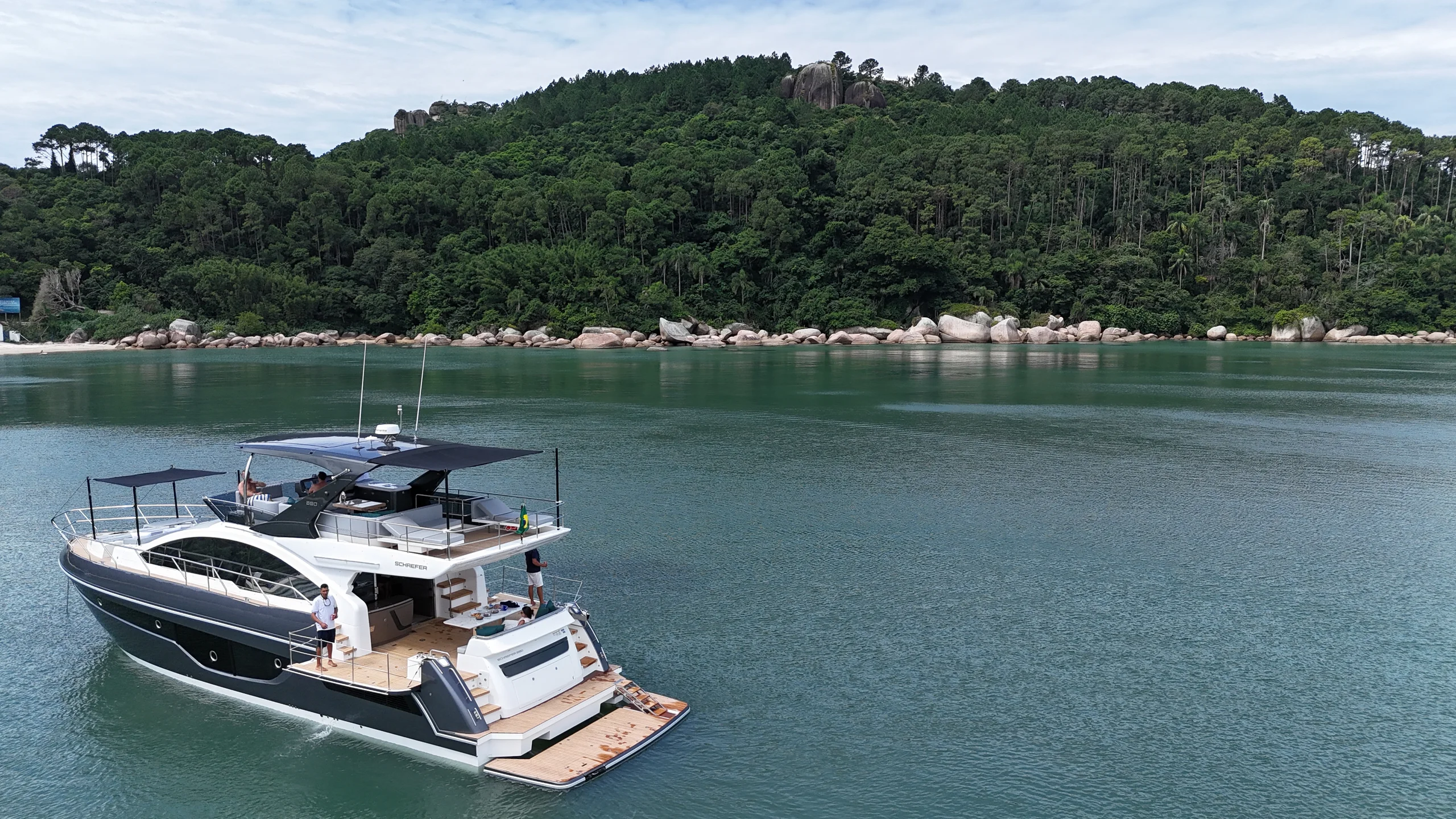 Aerial view of the Schaefer 660 at anchor with tenders alongside