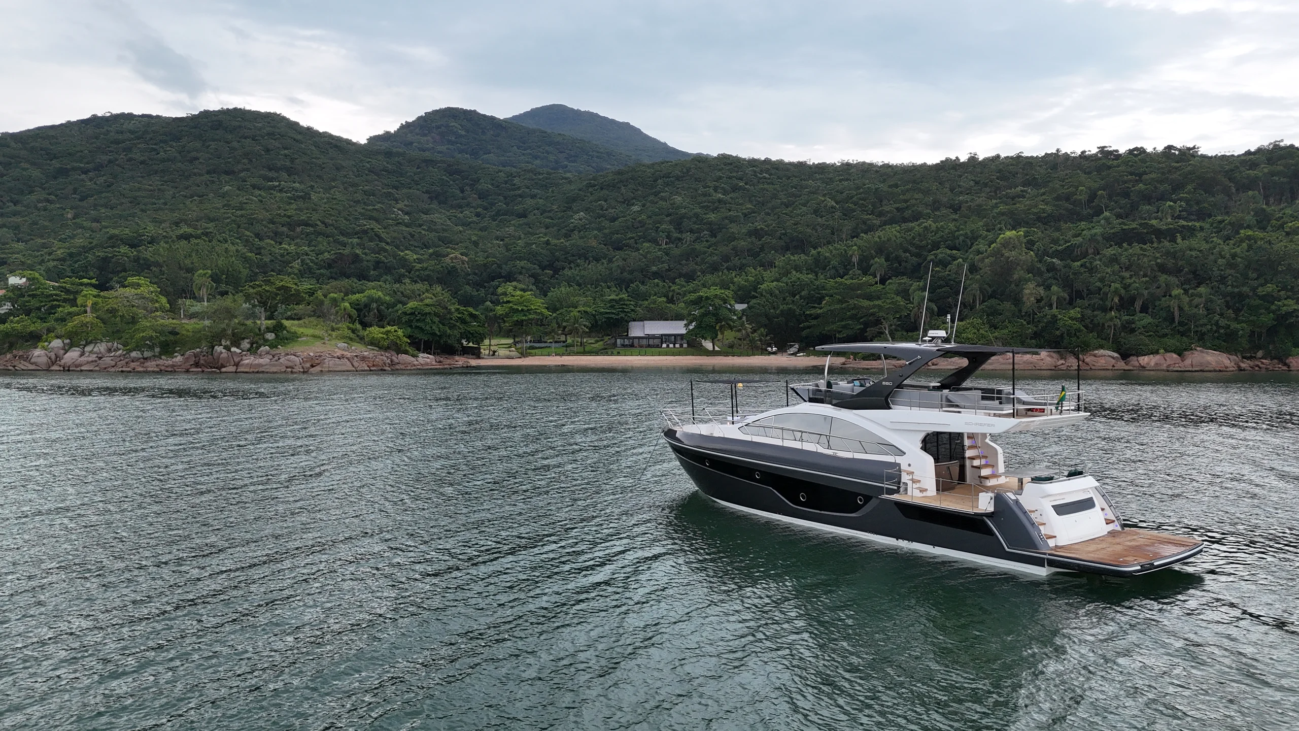 Schaefer 660 at anchor with the swim platform lowered