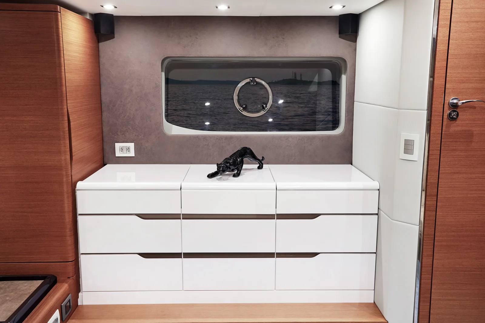 Dresser and television in the master cabin of the Schaefer 660