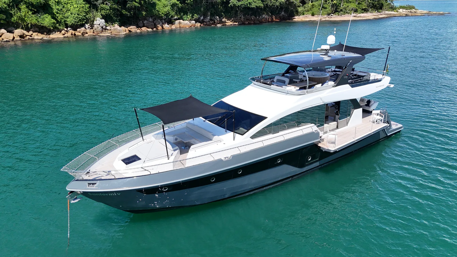Schaefer 770 at anchor with sunshades deployed