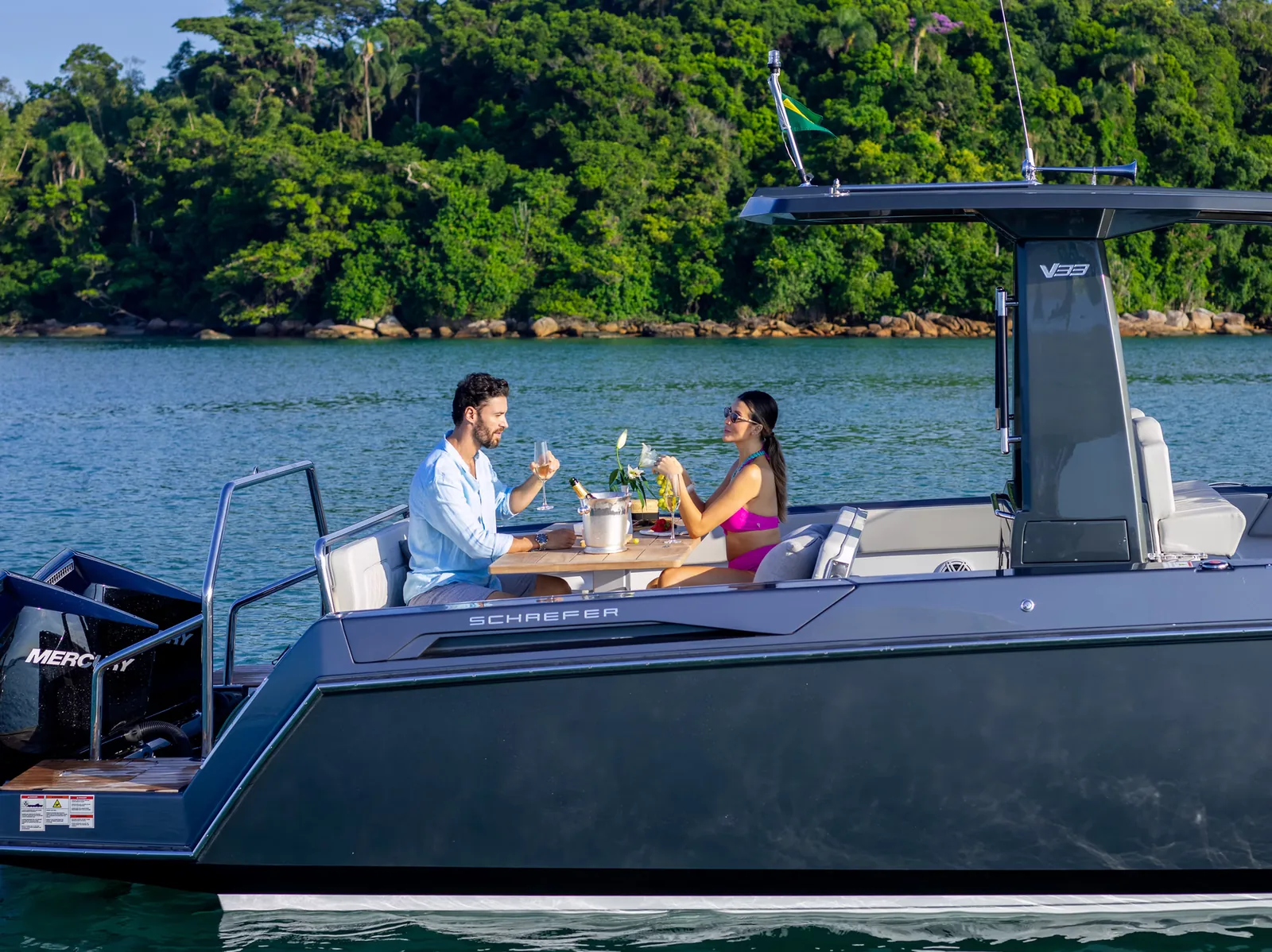 Aft deck of the Schaefer V33 with L-shaped seating and table