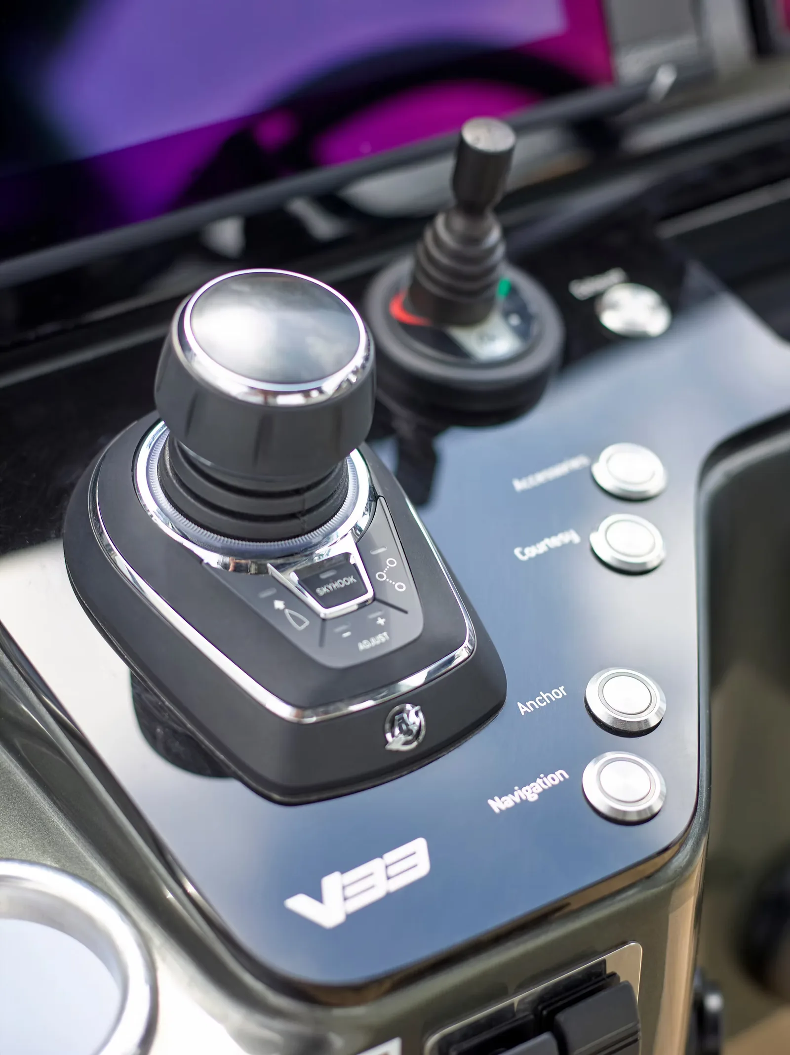 Joystick piloting control at the helm of the Schaefer V33