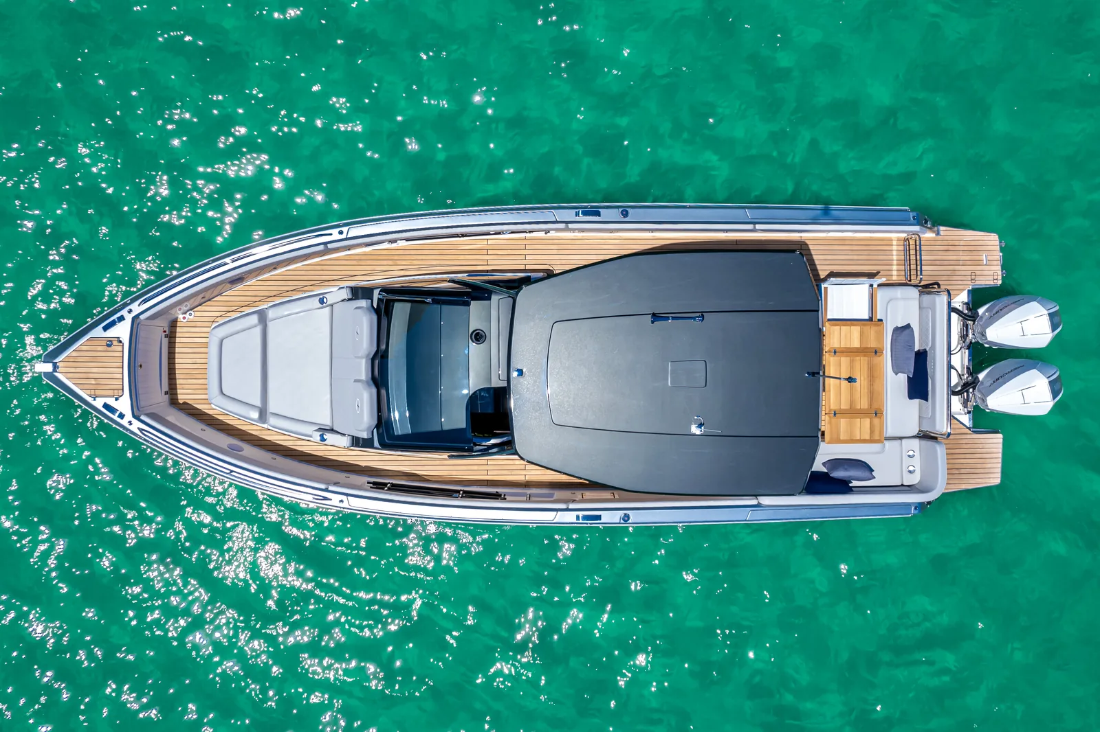 Top-down aerial of the Schaefer V33 at anchor