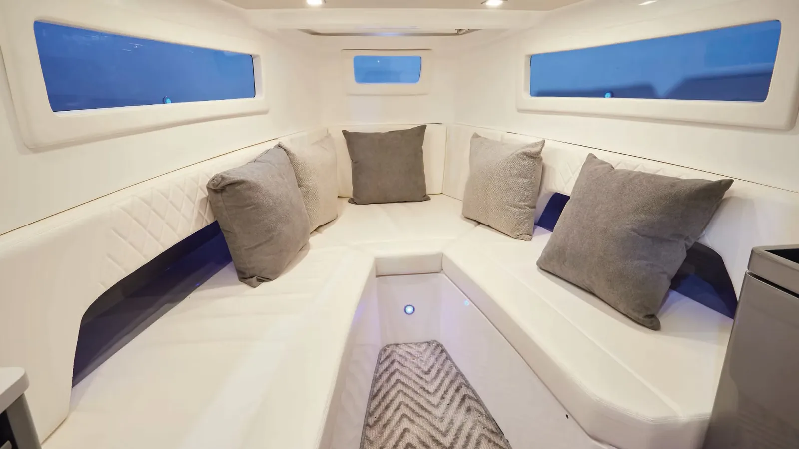 Cabin below deck on the Schaefer V34 with V-berth and windows