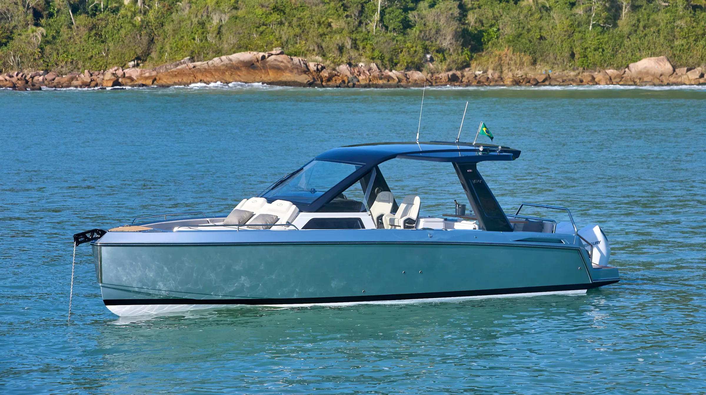 Schaefer V34 at anchor in a sheltered bay, side profile
