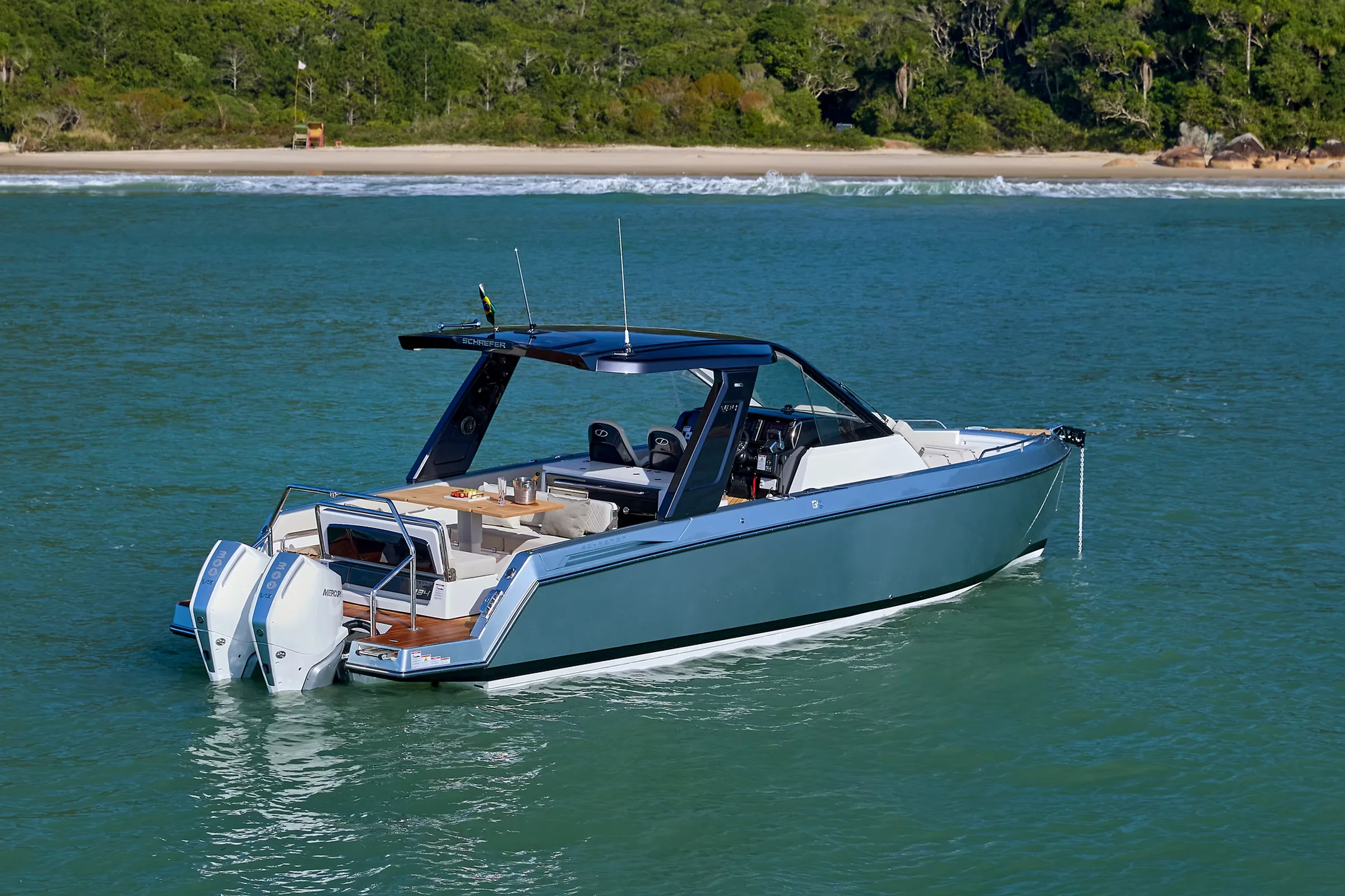 Stern view of the Schaefer V34 with twin Mercury Verado outboards