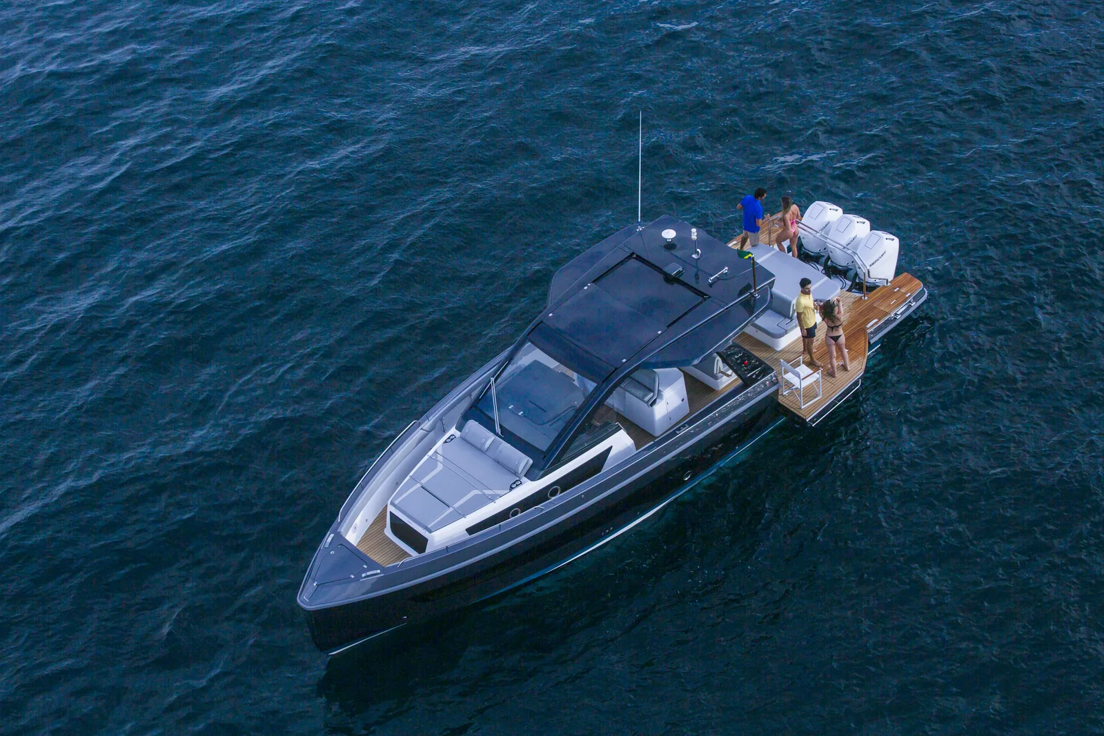 Schaefer V44 at rest on open water, aerial view
