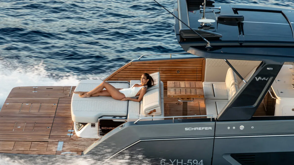 Aft cockpit seating of the Schaefer V44 with a view forward to the helm