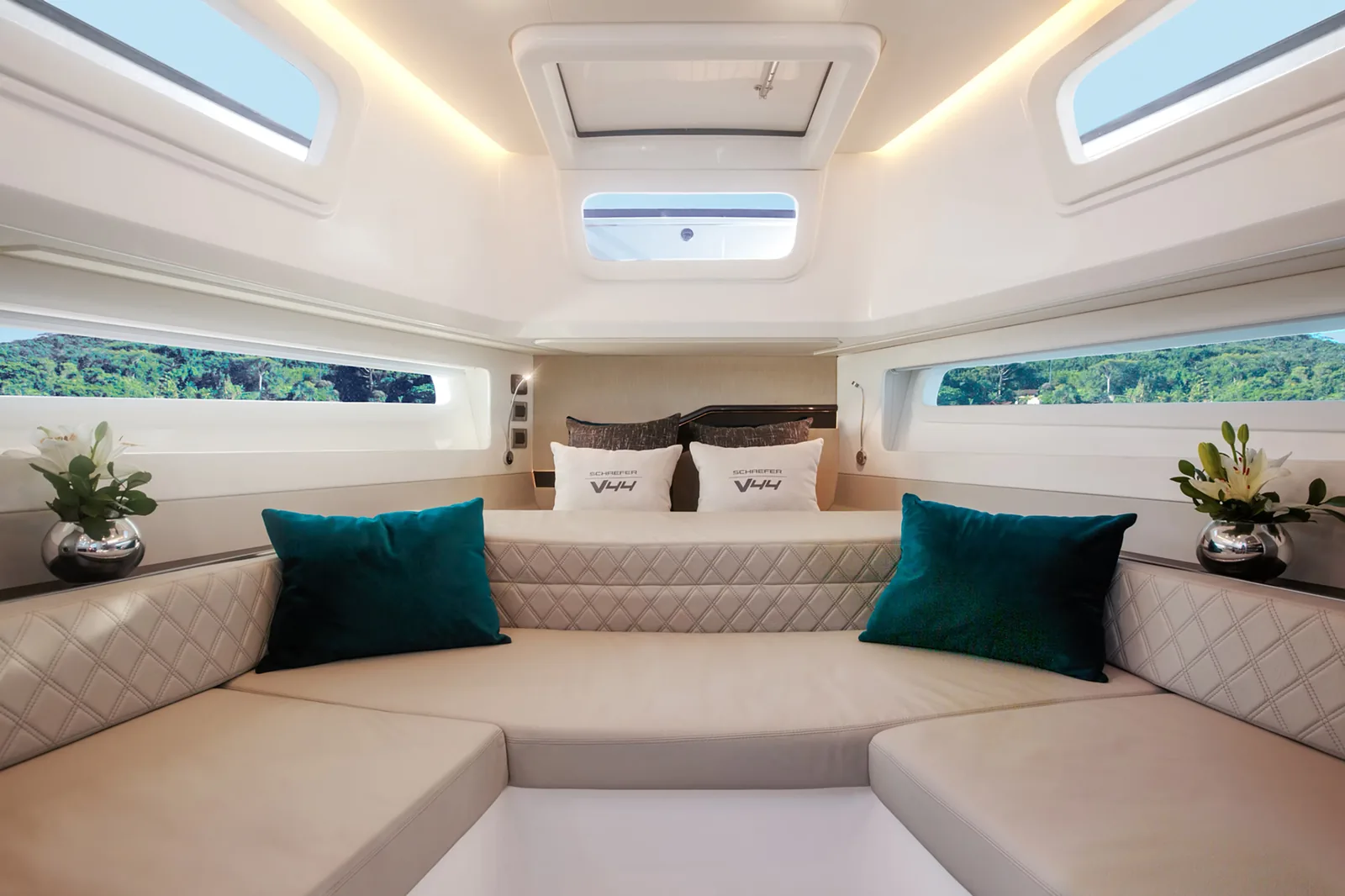 Forward cabin of the Schaefer V44 with double berth and skylights
