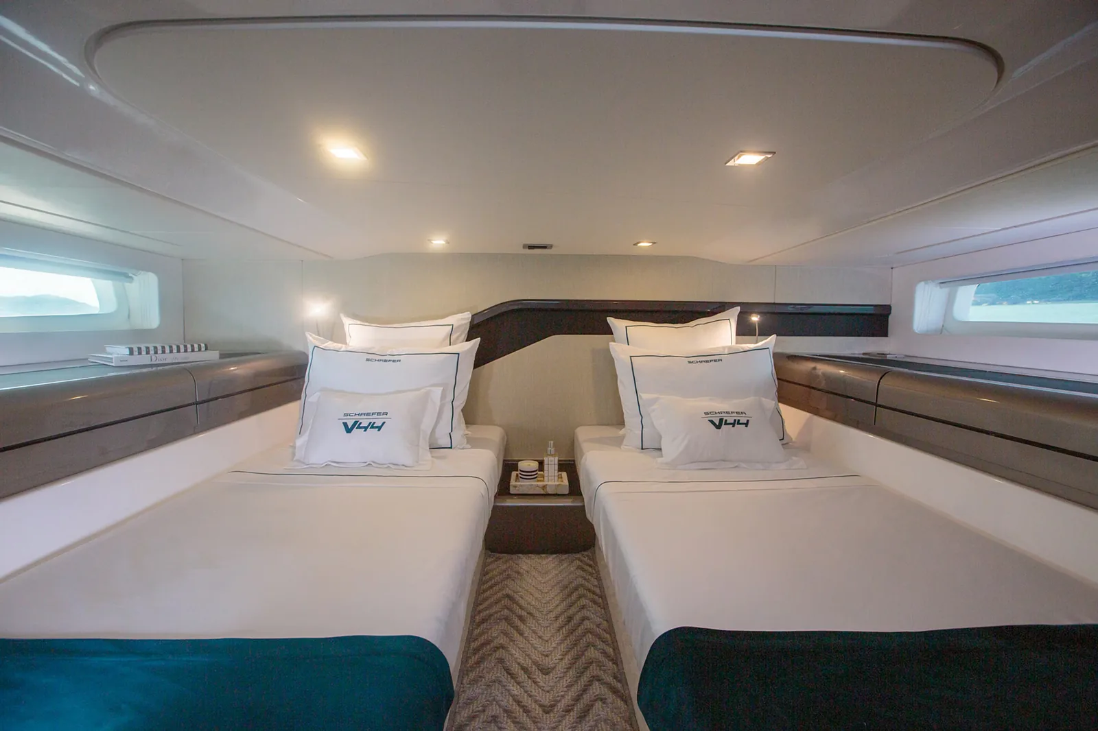 Twin guest berths below deck on the Schaefer V44