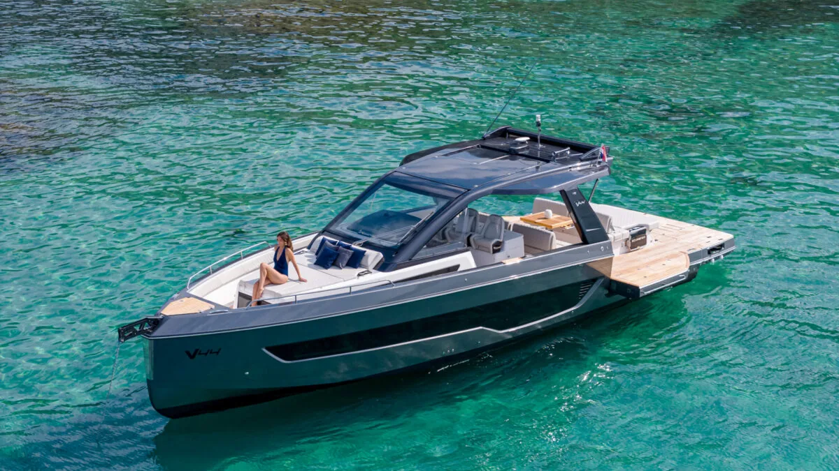 Guests aboard the Schaefer V44 at anchor over turquoise water