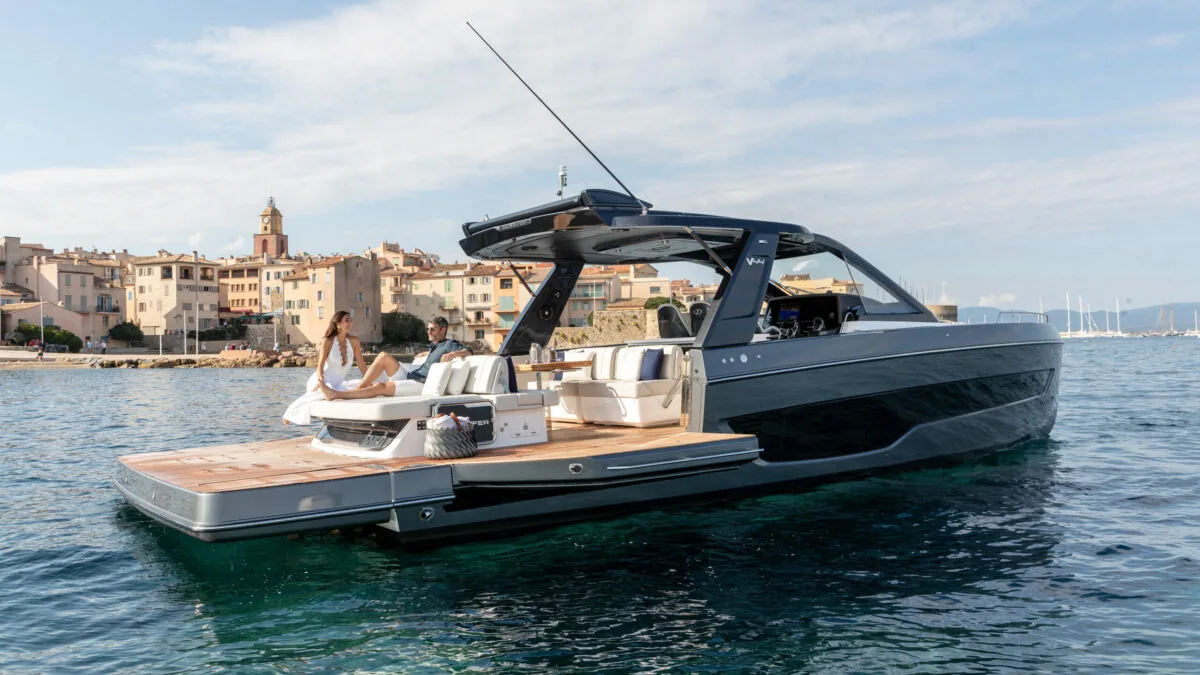 Schaefer V44 with balconies open in front of a harbour town