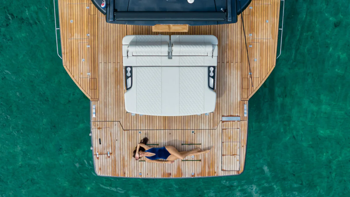 Aerial view of the Schaefer V44 swim platform and teak aft deck