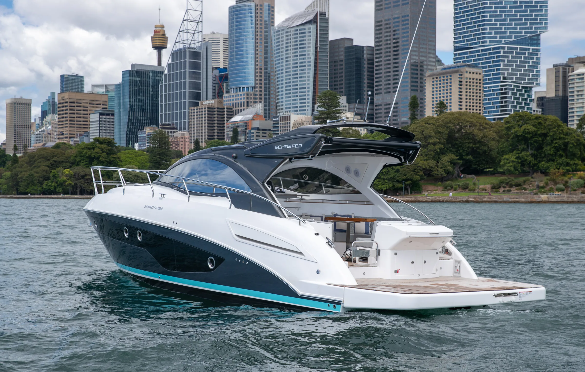 Schaefer 400 on Sydney Harbour with the city skyline behind