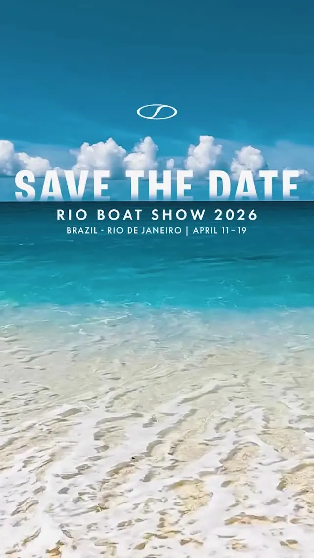 Save the date card for the Rio Boat Show 2026 over a tropical shoreline