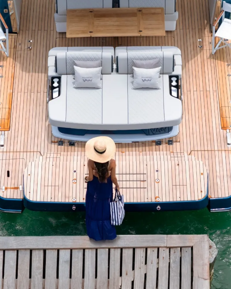 Swim platform of the Schaefer V44 lowered to the water